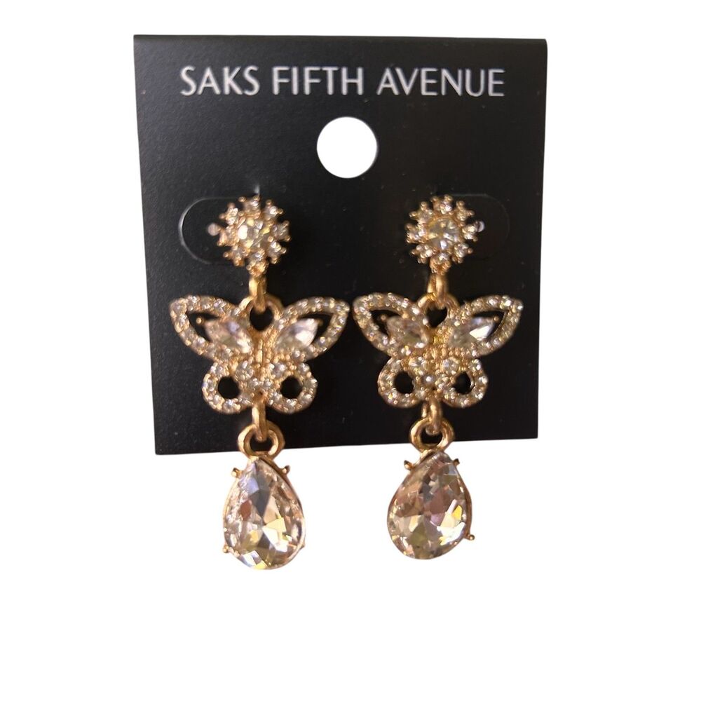 Saks Fifth Avenue Crystal Butterfly Drop Earrings Gold Tone Teardrop